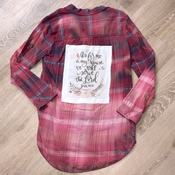 Tops - Custom bleached scripture backed plaid shirt